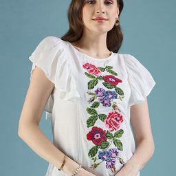 DressBerry White Floral Print Flutter Sleeve Top-image-85