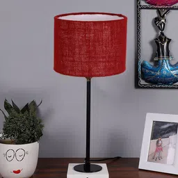 Devansh Maroon Textured Jute Table Lamp With Wooden Base-0