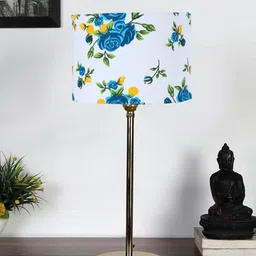 Devansh White & Blue Floral Printed Metal Table Lamp With Cotton Shade-13