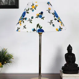 Devansh Off-White & Blue Floral Printed Metal Table Lamp With Cotton Shade-36