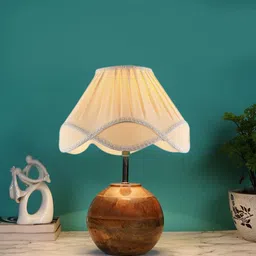 Devansh Off-White & Brown Textured Wooden Table Lamp With Cotton Shade-4