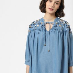 ONLY Blue Embroidered Tie-Up Neck Top-31