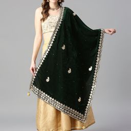 Dupatta Bazaar Green & Gold-Toned Ethnic Motifs Embroidered Velvet Dupatta with Gotta Patti-24