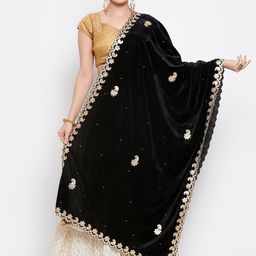 Clora Creation Black & Gold-Toned Ethnic Motifs Embroidered Velvet Dupatta with Gotta Patti-picture-48