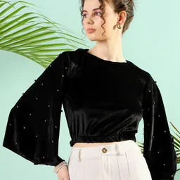KASSUALLY Flared Sleeve Embellished Velvet Top-90