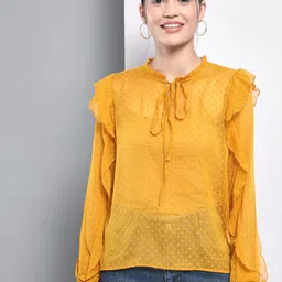 Trend Arrest Self Design Tie-Up Neck Ruffles Top-image-52