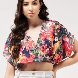 Pannkh Floral Printed V-Neck Extended Sleeves Blouson Crop Top-image-45