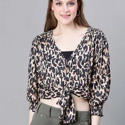 Oxolloxo Animal Printed Puff Sleeve Shirt Style Tie-Ups Crop Top-image-26