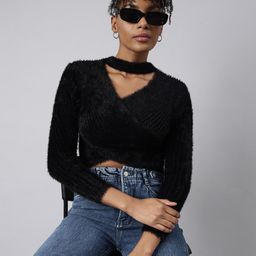 SHOWOFF Choker Neck Long Sleeves Velvet Wrap Crop Top-79