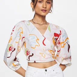 AND Abstract Printed Puff Sleeves Linen Wrap Crop Top-picture-26
