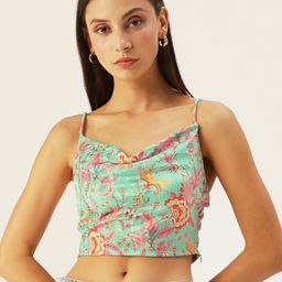 DressBerry Sea Green & Pink Floral Printed Velvet Crop Top-image-42