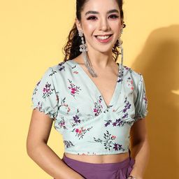 BAESD Floral Printed V-Neck Puff Sleeves Tie-Up Crepe Crop Top-image-80