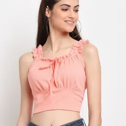 ELEVANTO Peach-Coloured Tie-Up Neck Regular Crop Top-image-91