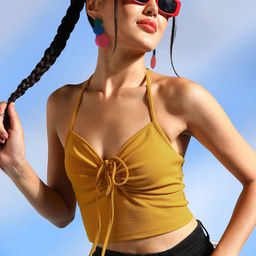 Veni Vidi Vici Mustard Yellow Halter Neck Tie-Ups Ruched Styled Back Crop Top-image-44