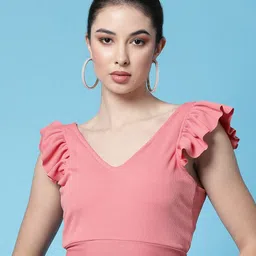 Oomph! Flutter Sleeve Ruffles Styled Back Crop Top-image-9