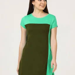 Fleximaa Olive Green Colourblocked Longline Pure Cotton Top-picture-39