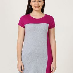Fleximaa Grey & Pink Colourblocked Pure Cotton Longline Top-image-93