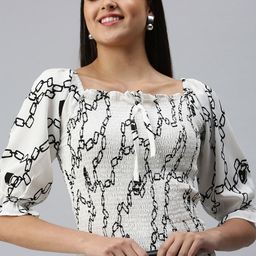 SHOWOFF Women White Print Smocked Crepe Top-image-48