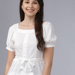 Tokyo Talkies Women Off-White Solid Cinched Waist Top-image-114