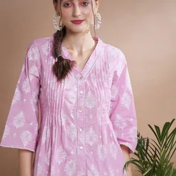 DressBerry Pink Ethnic Motifs Printed V-Neck A-Line Cotton Top-image-37