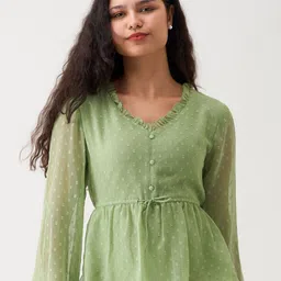 AASK Self Design V-Neck Long Sleeve Gathered Cinched Waist Top-picture-19