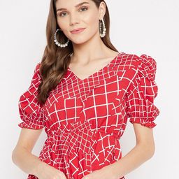 BAESD Checked V-Neck Puff Sleeves Crepe Cinched Waist Top-image-53