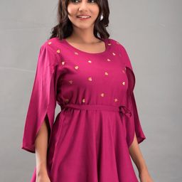SHOOLIN Abstract Embroidered Slit Sleeves Cinched Waist Top-16