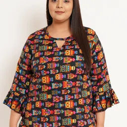 U&F Beyond Conversational Printed Keyhole Neck Bell Sleeves Crepe Top-picture-49