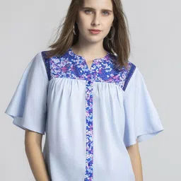 SHAYE Floral Mandarin Collar Flared Sleeve Crepe Top-picture-39