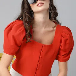 KASSUALLY Red Square Neck Puff Sleeve Top-image-38