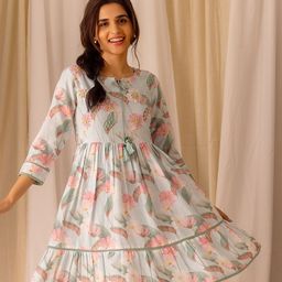 Ishin Blue Floral Printed Tie-Up Neck Embellished Linen A-Line Above Knee Length Dress-image-21