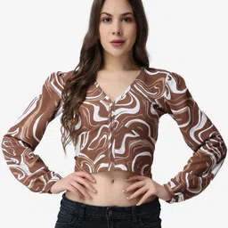 Popwings Women Brown Abstract Print Blouson Crop Top-picture-21