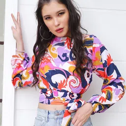Sera Off White Abstract Printed Tie-Up Neck Puff Sleeve Satin Top-image-64
