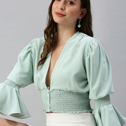 SHOWOFF Sea Green Smocked Crop Top-image-17