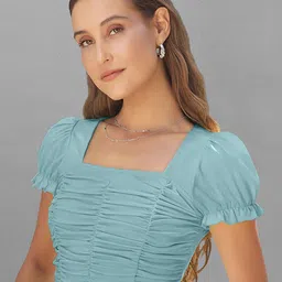 LONDON BELLY Puffed Sleeves Smocking Crop Top-image-91