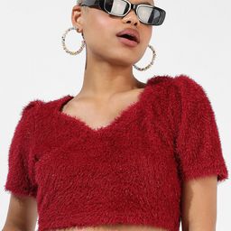 Campus Sutra V-Neck Fuzzy Crop Top-image-77