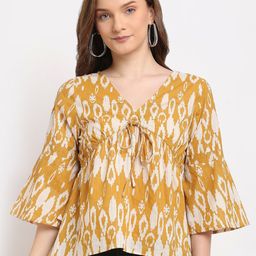 La Zoire Mustard & Off White Abstract Printed Pure Cotton Peplum Top-image-87