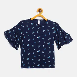 Crimsoune Club Girls Navy Blue & White Floral Regular Top-image-89