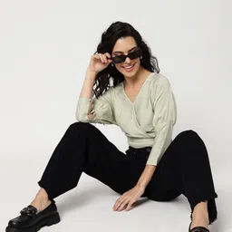 Pannkh Women Extended Sleeves Fitted Crop Top-picture-4