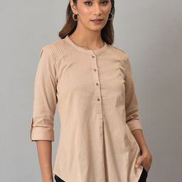 W Beige Cotton Roll-Up Sleeves Top-image-27