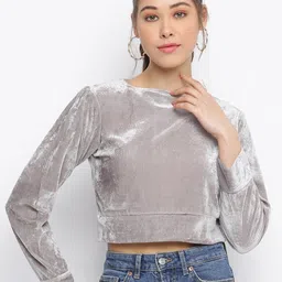 Mayra Grey Solid Velvet Long Sleeve Crop Top-image-48