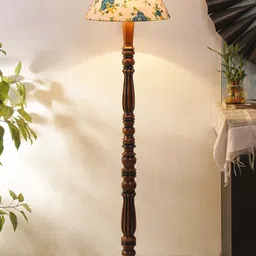 Devansh White & Blue Printed Wooden Floor Lamp With Cotton Shade-52