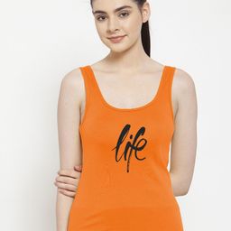 Friskers Women Orange & Black Typography Printed Tank Top-image-50
