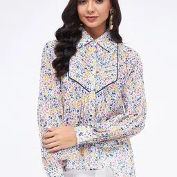 Kibo Floral Printed Shirt Collar Georgette High-Low Top-picture-38