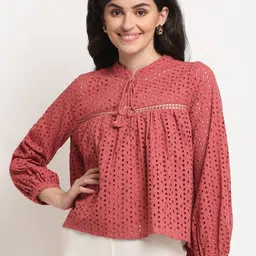 La Zoire Pink Cotton Tie-Up Neck Schiffli Top-picture-42