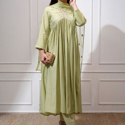 Vishudh Floral Yoke Design & Embroidered Sequinned Empire Kurta with Trousers & Dupatta-image-75