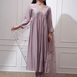 Vishudh Floral Yoke Design & Embroidered Sequinned Empire Kurta with Trousers & Dupatta-48