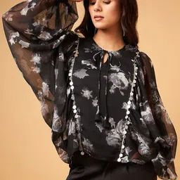 DRAPE AND DAZZLE Floral Printed Tie-Up Neck Chiffon Top-image-56