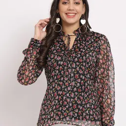 CHARMGAL Floral Printed Tie-Up Neck Cuffed Sleeve Chiffon Regular Top-image-37