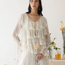 Baise Gaba Polka Dot Print Tie-Up Neck Puff Sleeve Layered Chiffon Top-picture-31